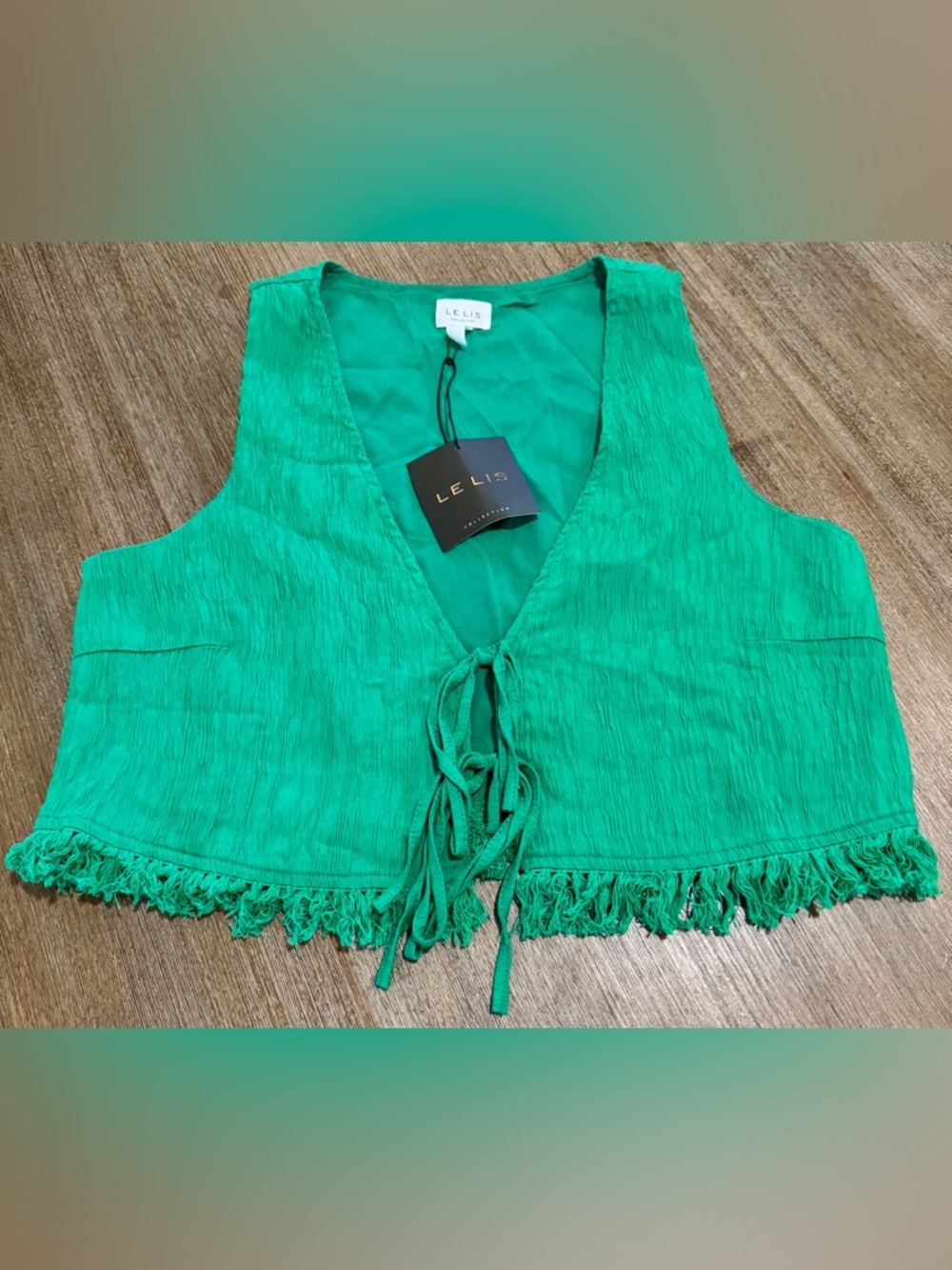 Le Lis Emerald Green Sleeveless Tie-Front Fringe Vest